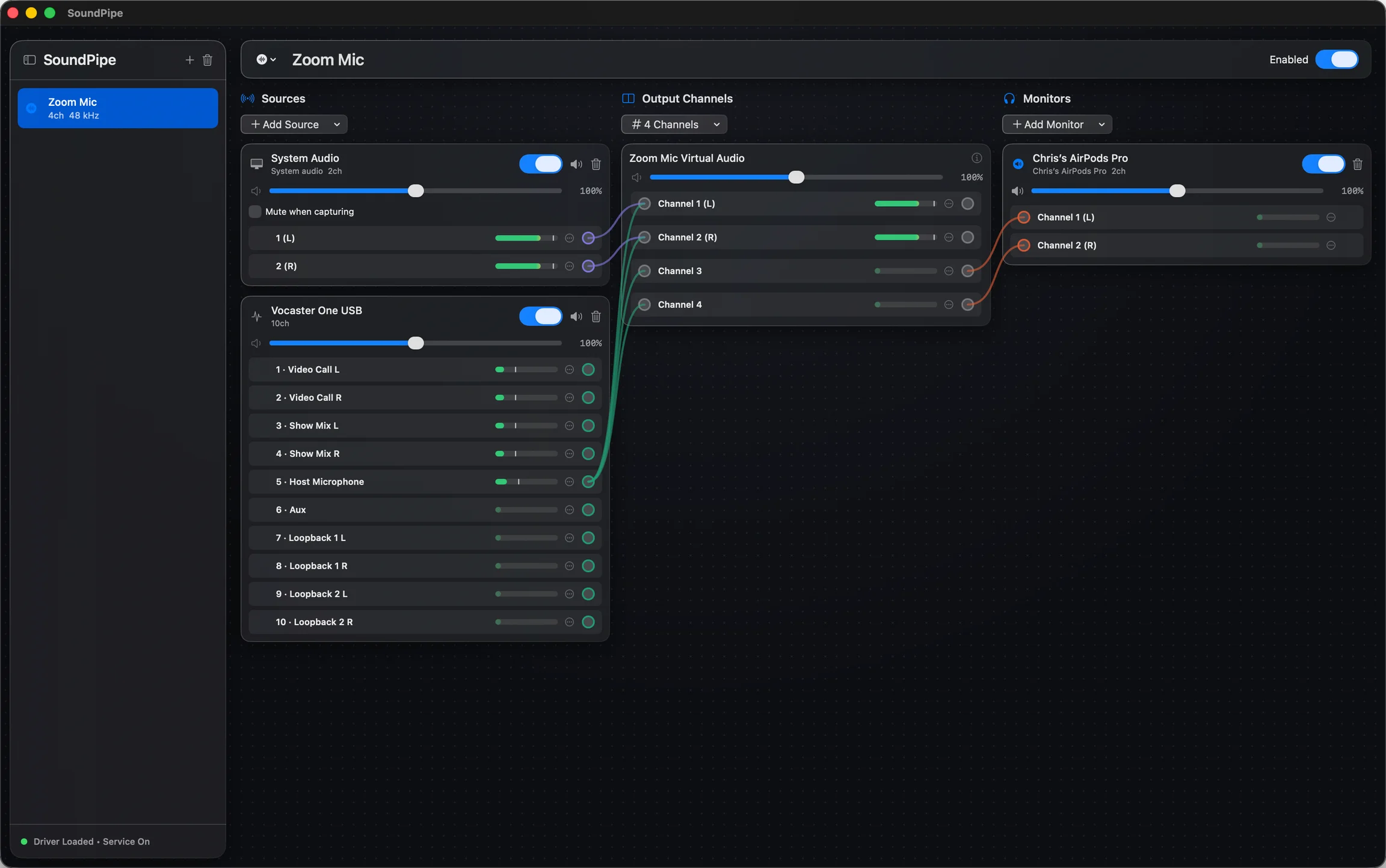SoundPipe routing system audio and a USB microphone into a virtual device, monitored on AirPods (dark mode)