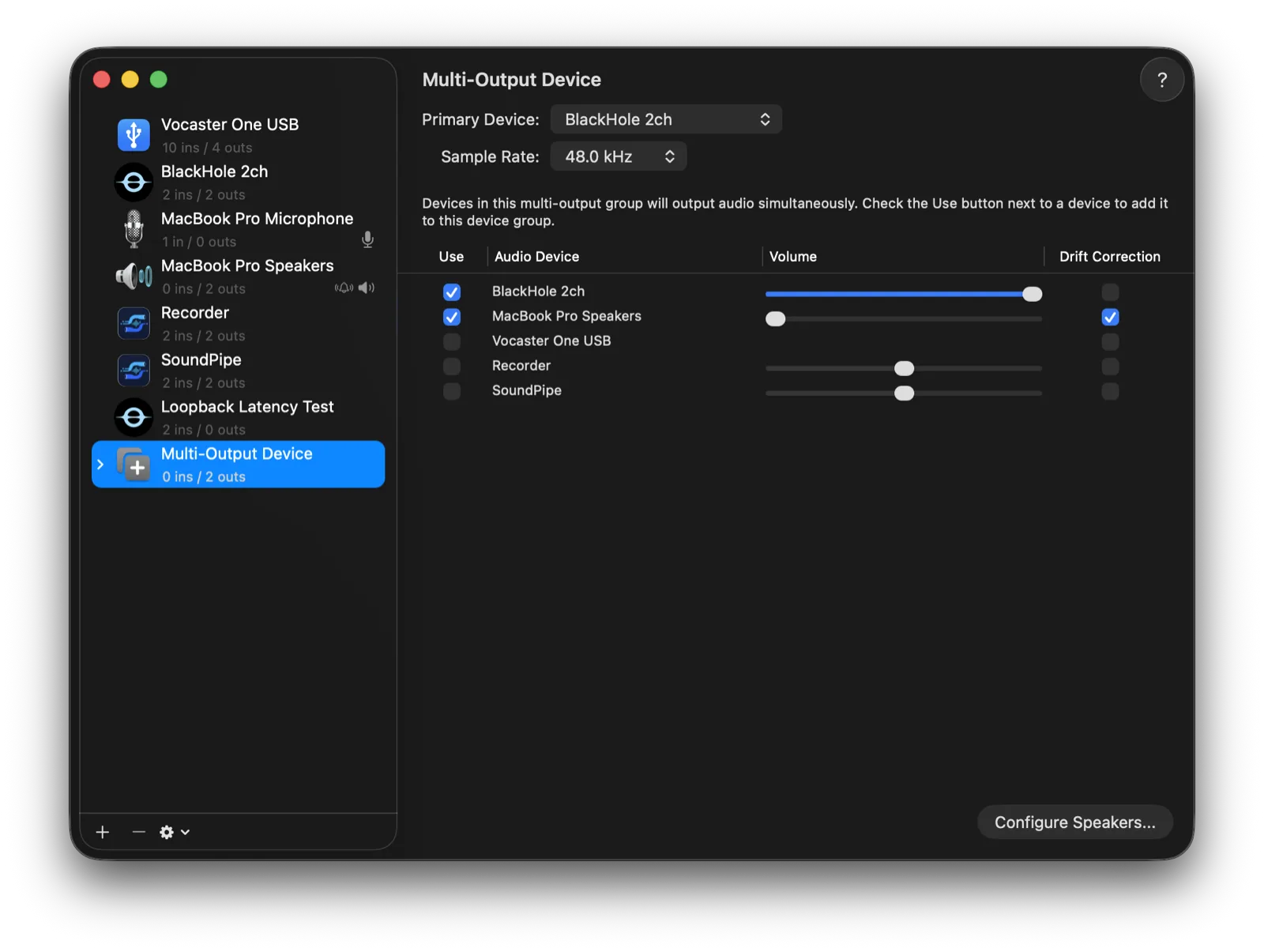 Audio MIDI Setup's multi-output device pane combining BlackHole and MacBook Pro Speakers