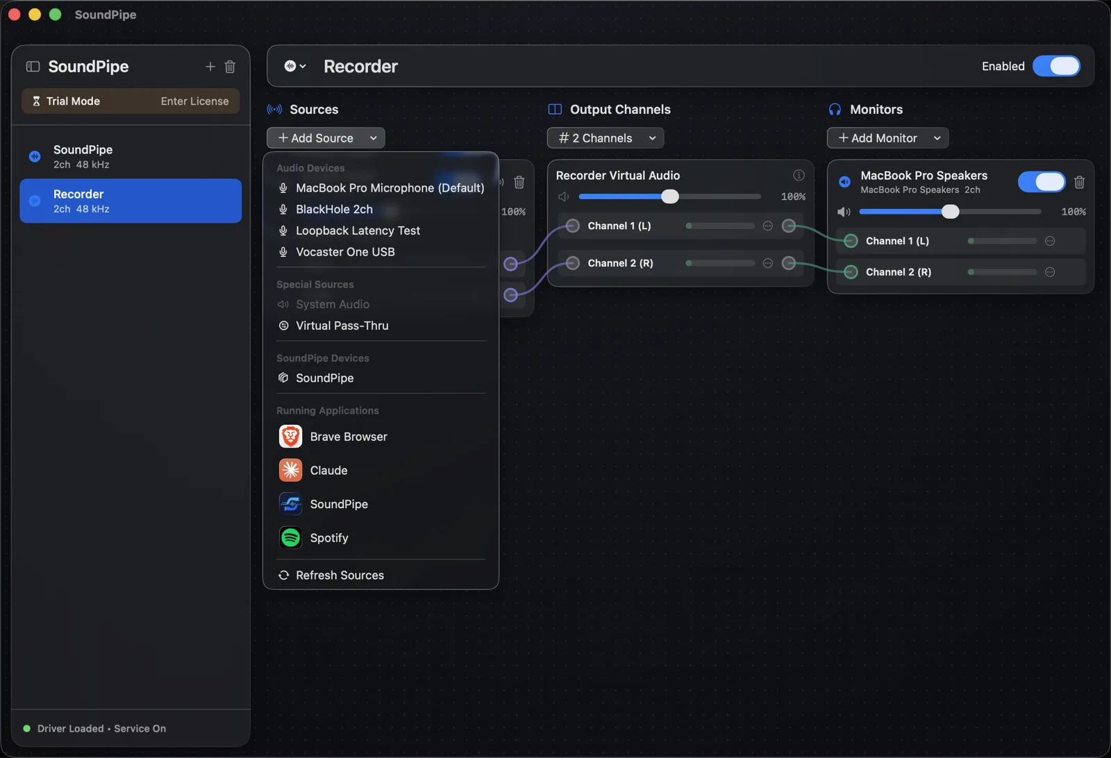 SoundPipe's Add Source menu listing System Audio and running apps as capture sources