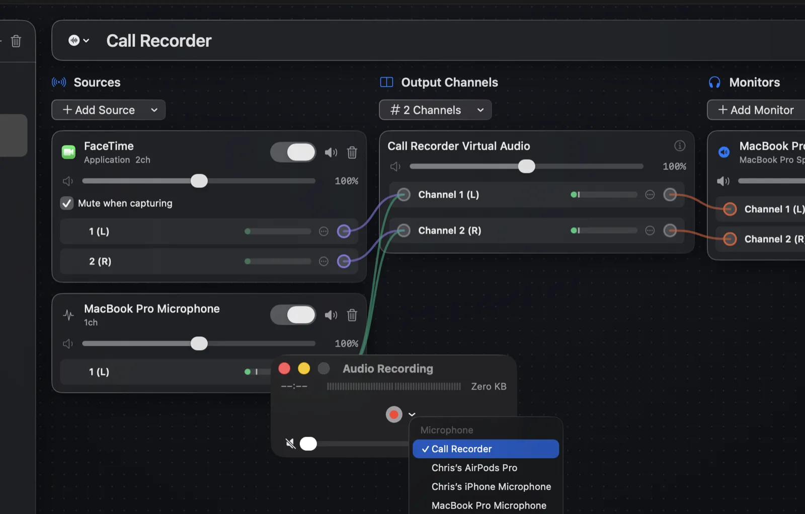 QuickTime Player's audio recording input menu with the SoundPipe device named Call Recorder selected