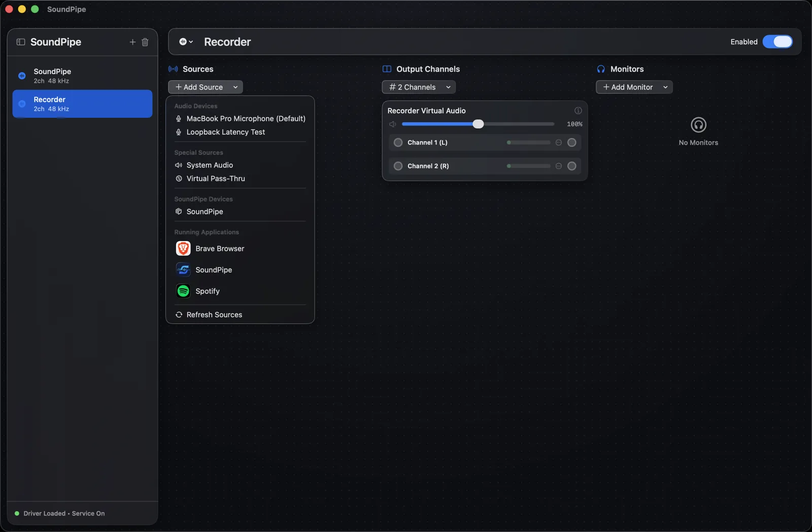 SoundPipe's Add Source menu on a device named Recorder, listing System Audio and running apps like Spotify as capture sources