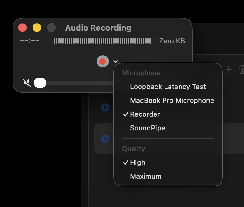 QuickTime's New Audio Recording input menu with the SoundPipe device named Recorder selected as the microphone