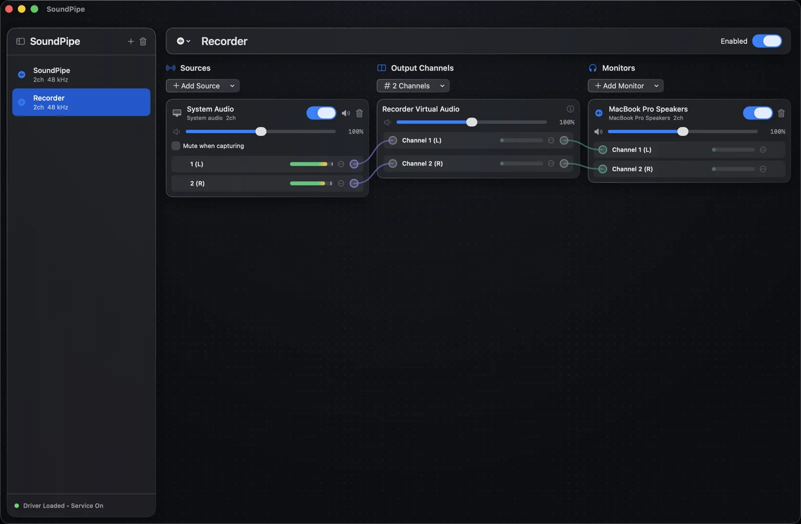 A SoundPipe device named Recorder routing System Audio into a virtual device, monitored on MacBook Pro Speakers, with live level meters