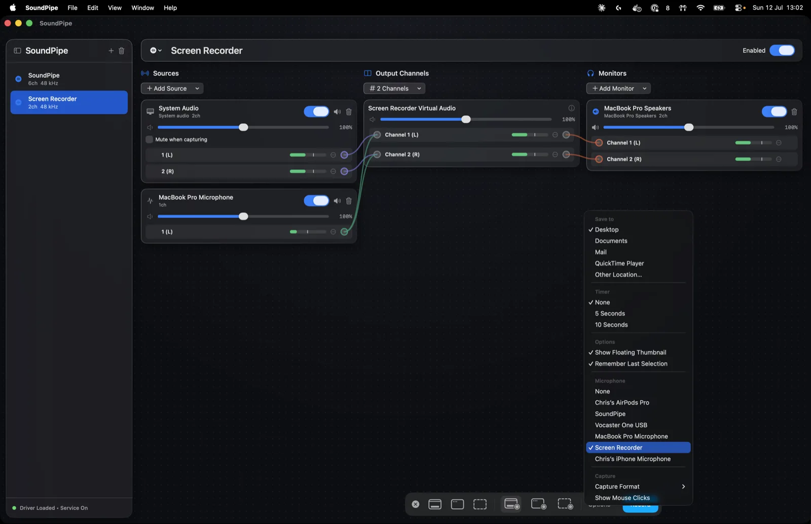 The macOS screen recording toolbar's Options menu with the SoundPipe device named Screen Recorder selected under Microphone, and the SoundPipe routing window behind it