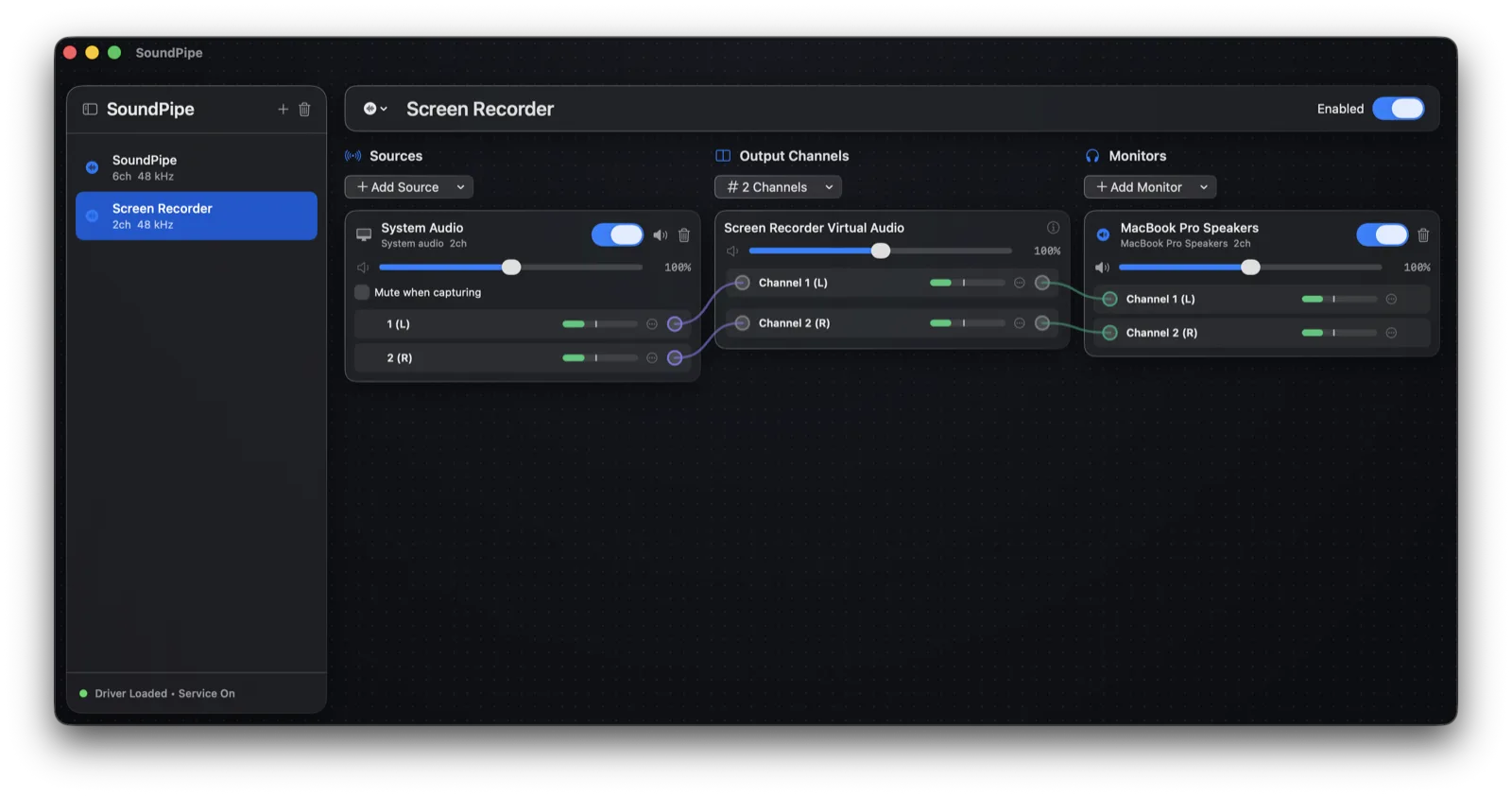 A SoundPipe device named Screen Recorder capturing System Audio with live level meters and a MacBook Pro Speakers monitor