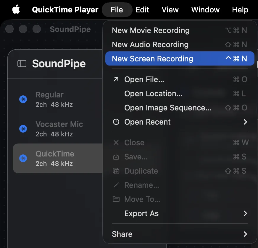 QuickTime Player's File menu with New Screen Recording highlighted