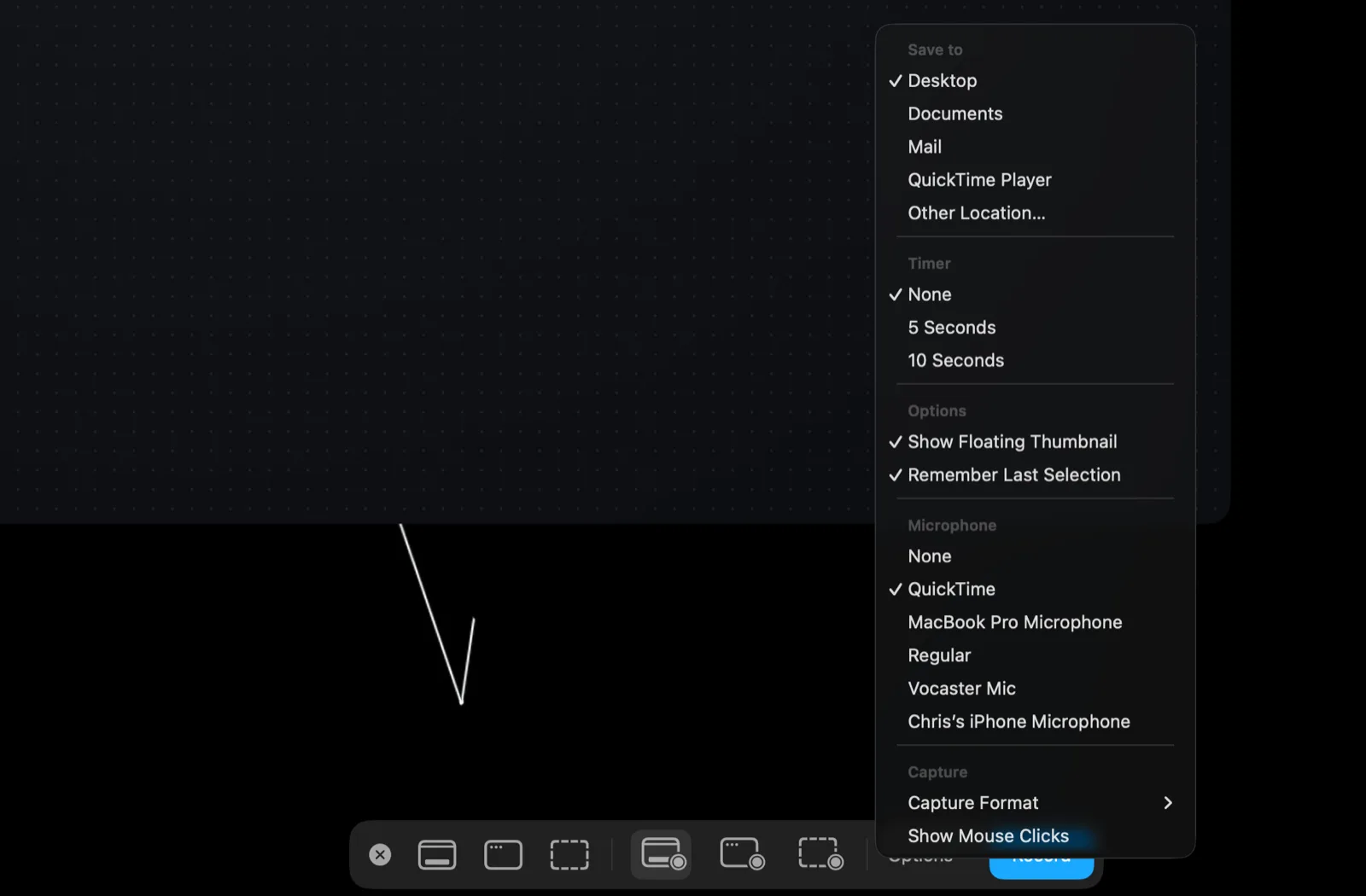 The macOS recording toolbar's Options menu with a SoundPipe device named QuickTime selected under Microphone