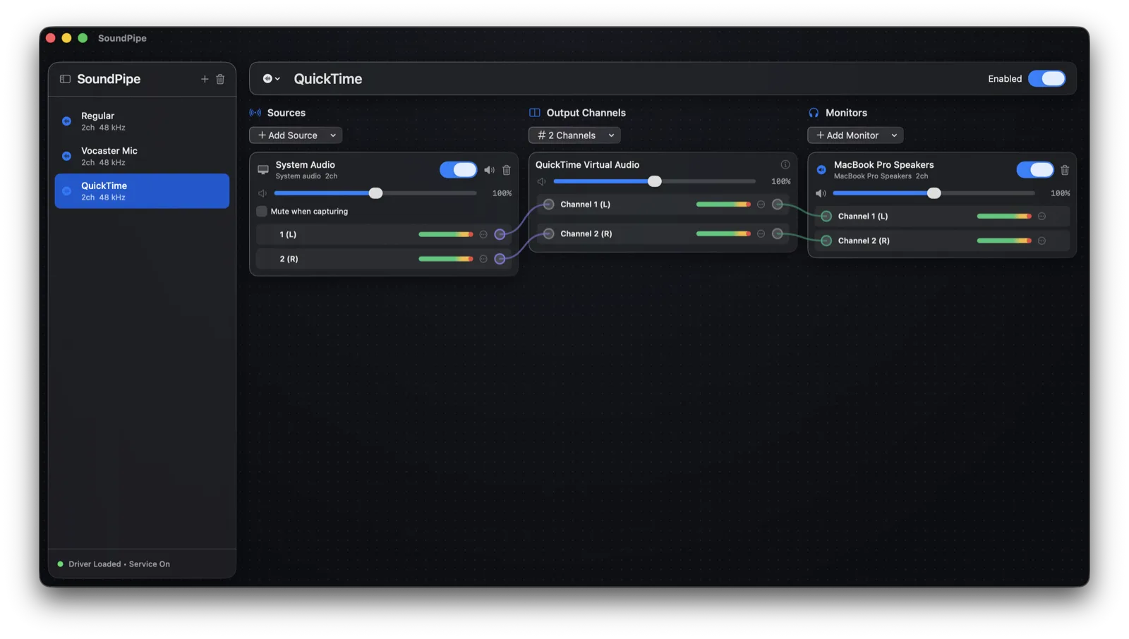 A SoundPipe device named QuickTime capturing System Audio with live level meters and a speakers monitor