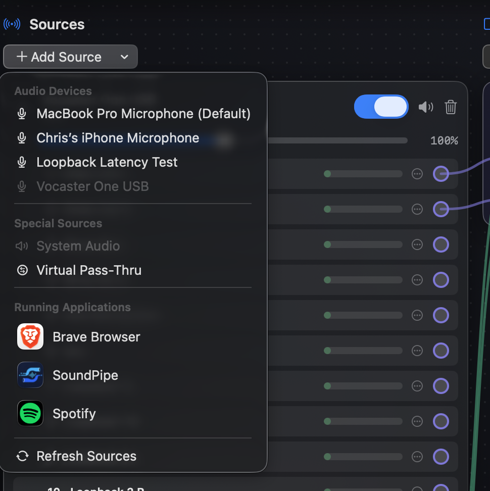 The Add Source menu with running applications listed at the bottom