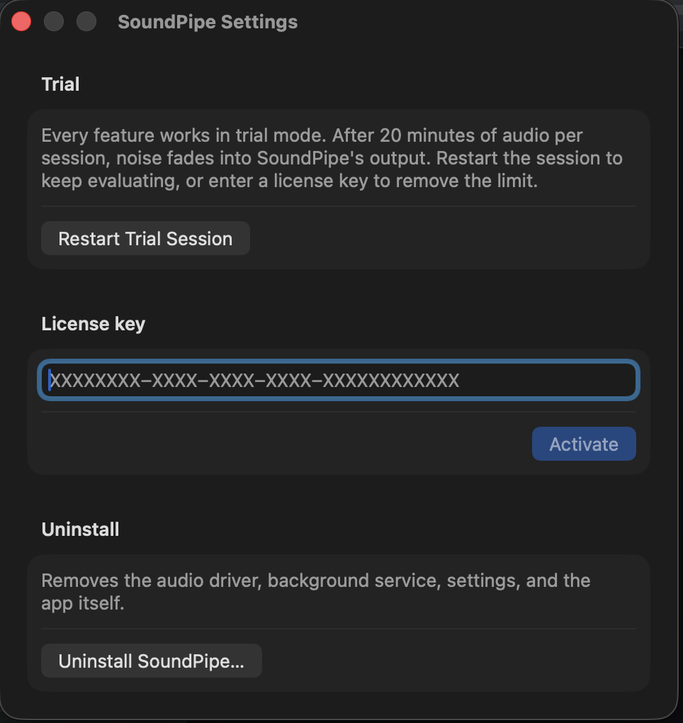 The settings window with the uninstall section at the bottom