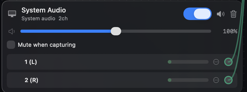 A System Audio source added to a device, with its volume slider and mute-when-capturing option